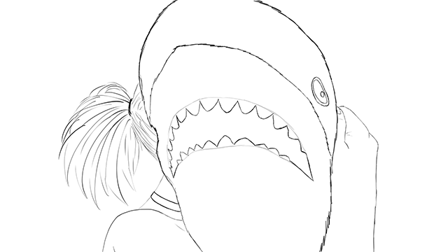 A drawing of Rhea's pet hiding behind a plush shark.